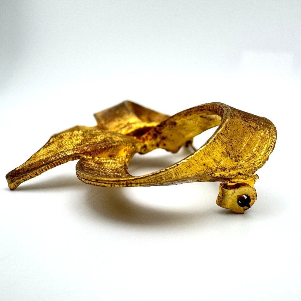 Brooch Pin Gold Tone Bow Vintage Textured Metal 2 4gram Elegant - Picture 8 of 8